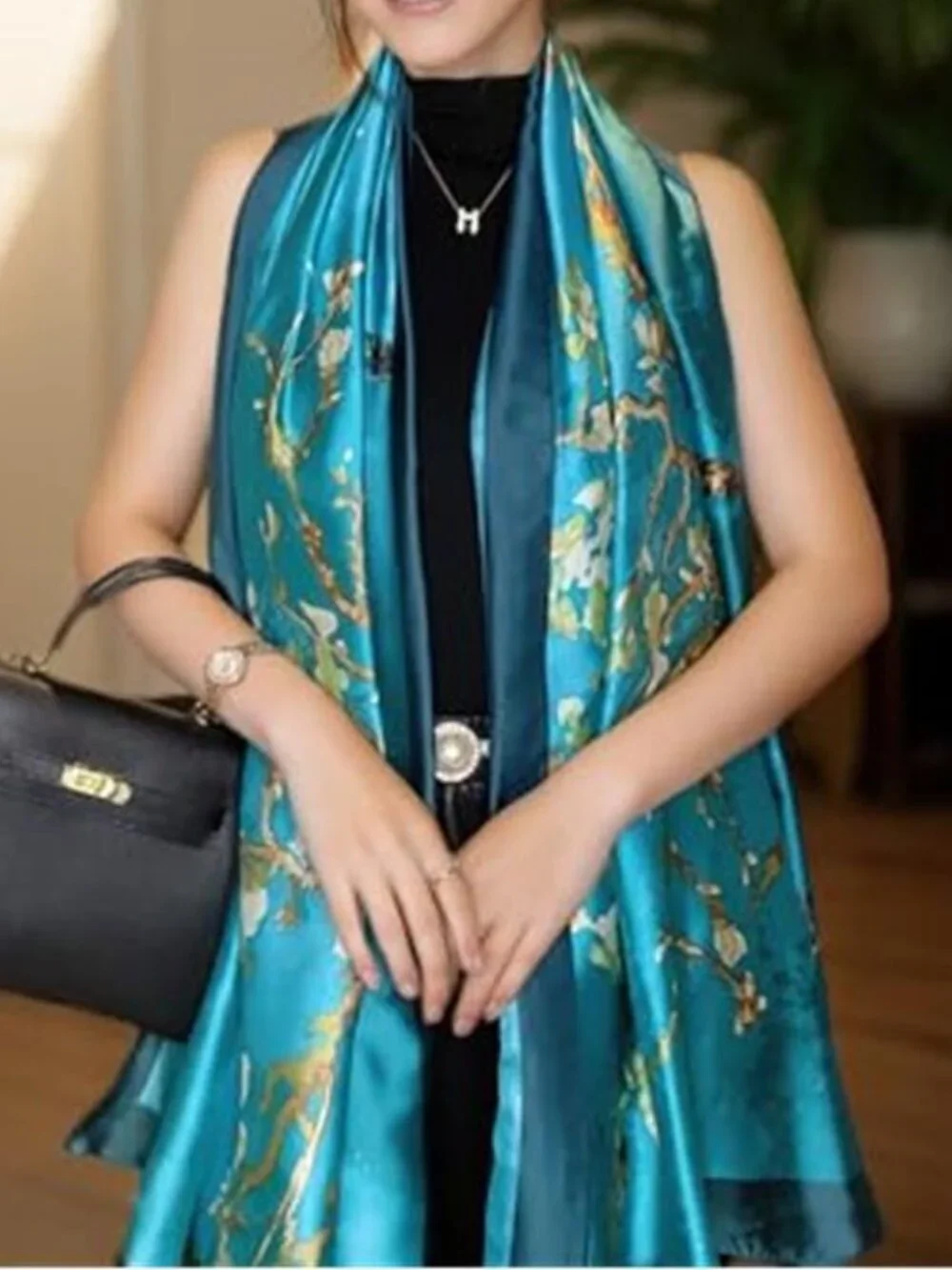 Blue Large Silk Feeling Scarf-Women's Fashion Long Mulberry Silk Satin Neck